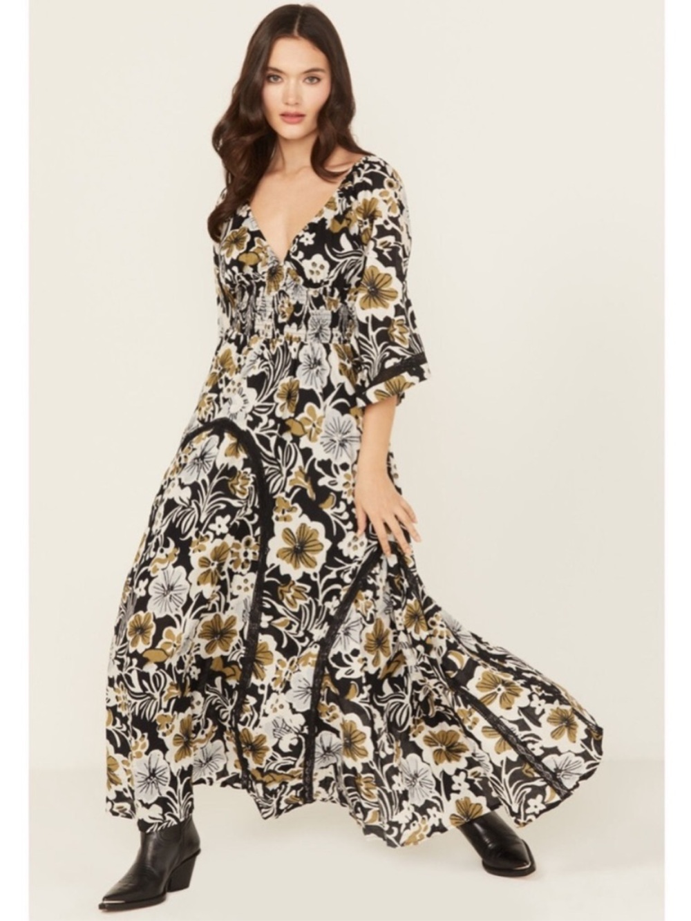 Free People Printed Dixie Maxi Dress in Black Combo XS